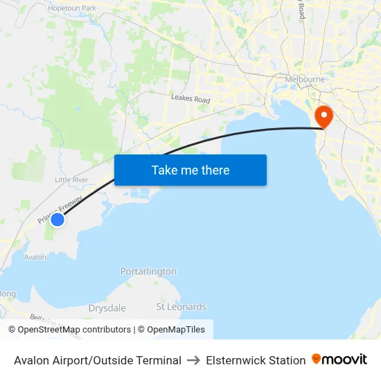 Avalon Airport/Outside Terminal to Elsternwick Station map
