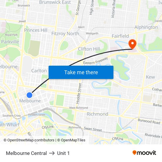 Melbourne Central to Unit 1 map