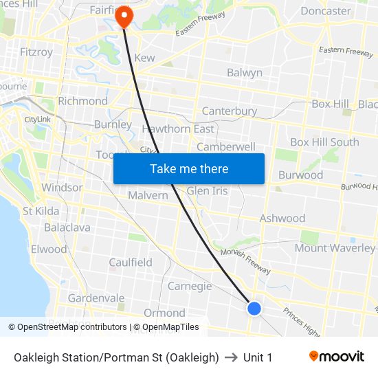 Oakleigh Station/Portman St (Oakleigh) to Unit 1 map