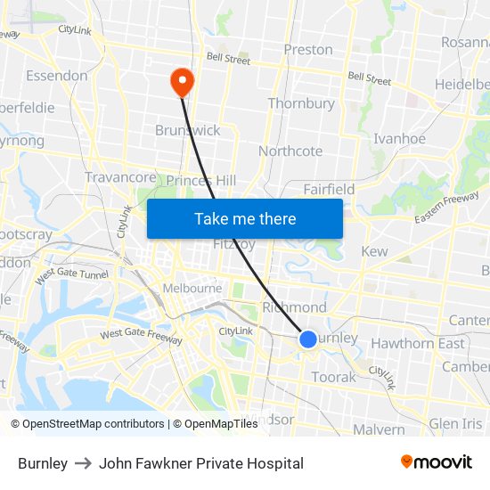 Burnley to John Fawkner Private Hospital map