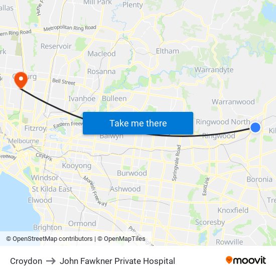 Croydon to John Fawkner Private Hospital map