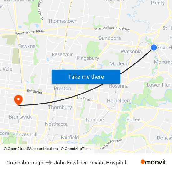 Greensborough to John Fawkner Private Hospital map