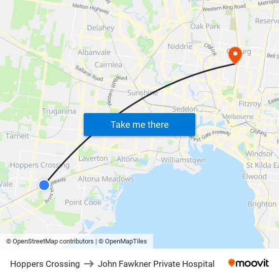 Hoppers Crossing to John Fawkner Private Hospital map