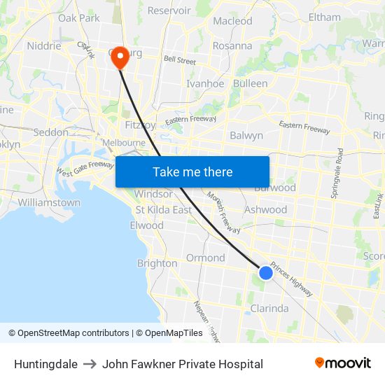 Huntingdale to John Fawkner Private Hospital map