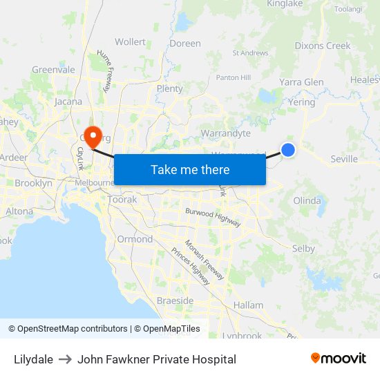 Lilydale to John Fawkner Private Hospital map