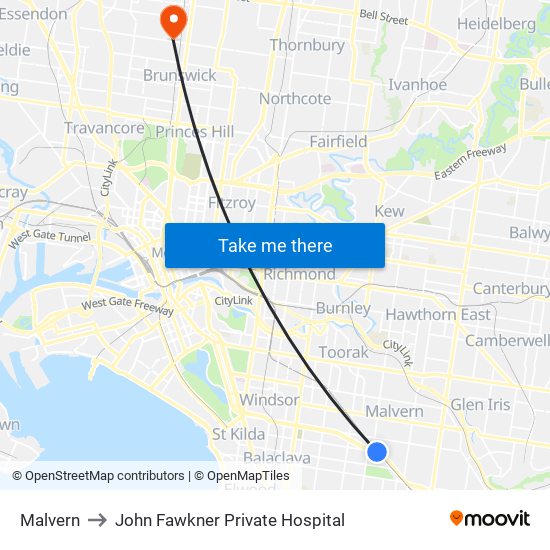 Malvern to John Fawkner Private Hospital map