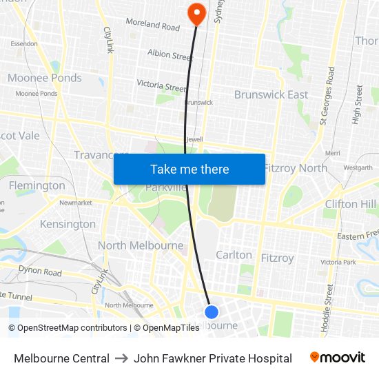 Melbourne Central to John Fawkner Private Hospital map