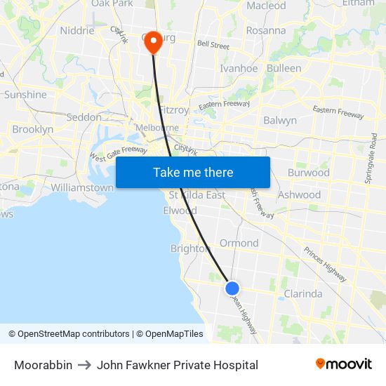 Moorabbin to John Fawkner Private Hospital map