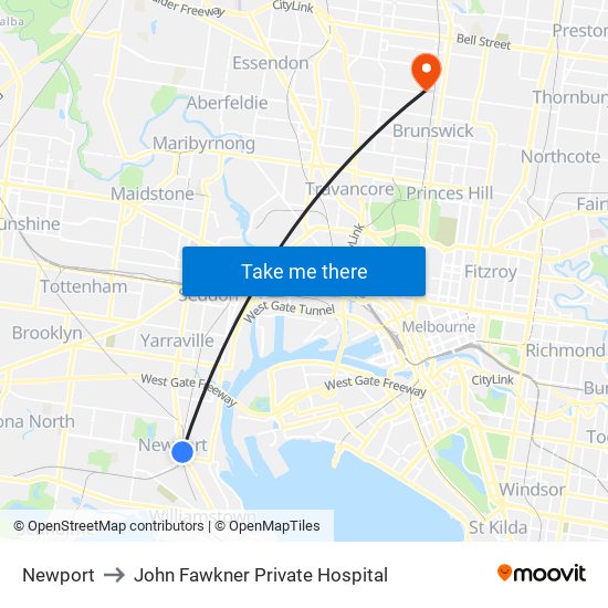 Newport to John Fawkner Private Hospital map