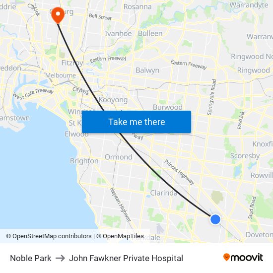 Noble Park to John Fawkner Private Hospital map