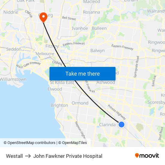 Westall to John Fawkner Private Hospital map