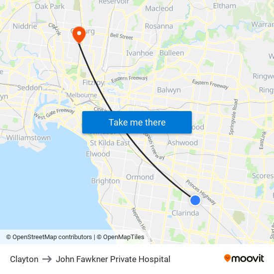 Clayton to John Fawkner Private Hospital map