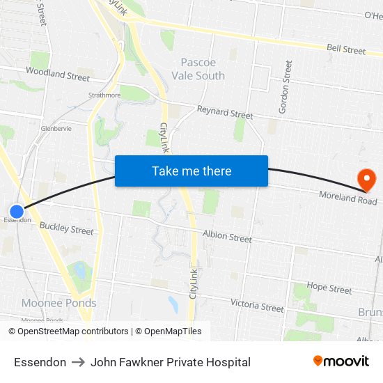 Essendon to John Fawkner Private Hospital map