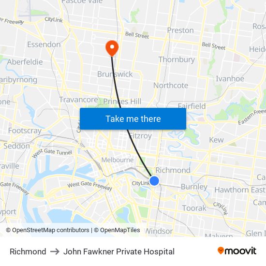 Richmond to John Fawkner Private Hospital map