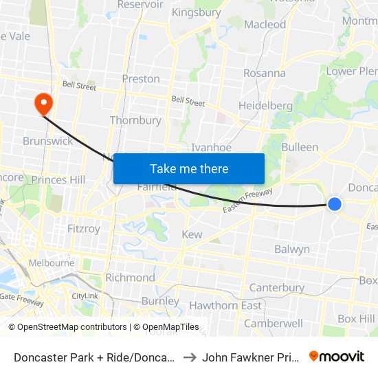 Doncaster Park + Ride/Doncaster Rd (Doncaster) to John Fawkner Private Hospital map