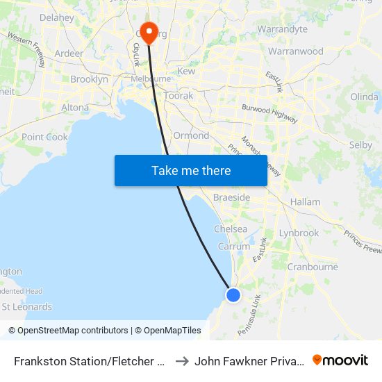 Frankston Station/Fletcher Rd (Frankston) to John Fawkner Private Hospital map