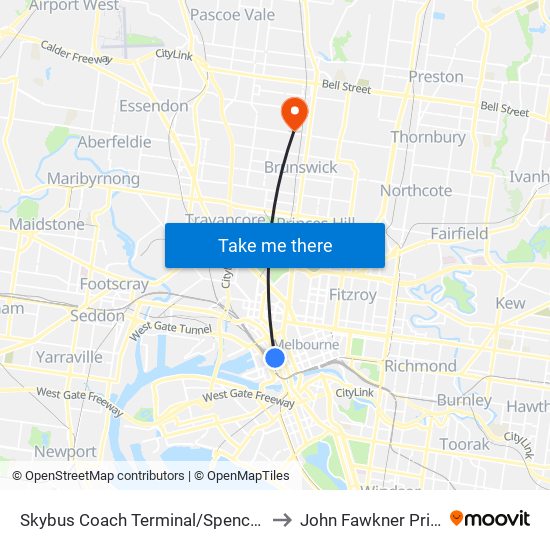 Skybus Coach Terminal/Spencer St (Melbourne City) to John Fawkner Private Hospital map