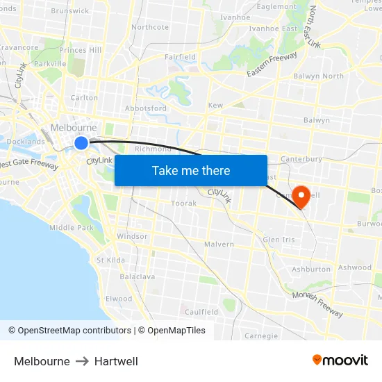 Melbourne to Hartwell map