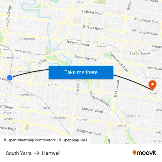 South Yarra to Hartwell map