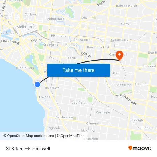 St Kilda to Hartwell map