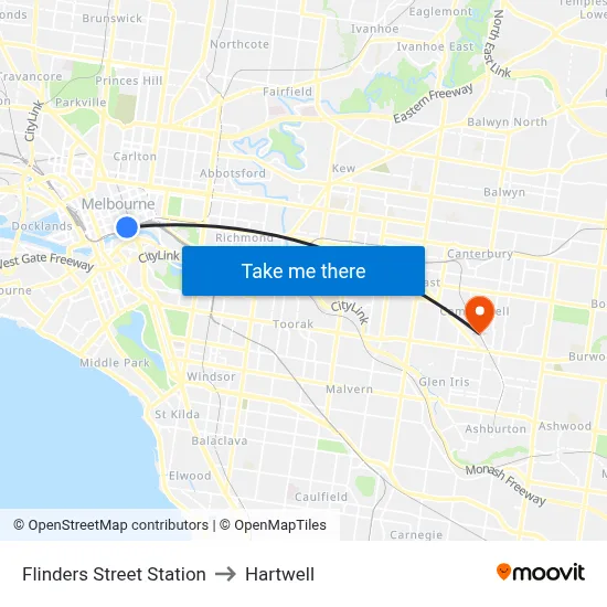 Flinders Street Station to Hartwell map