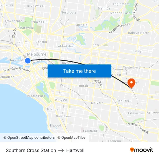 Southern Cross Station to Hartwell map