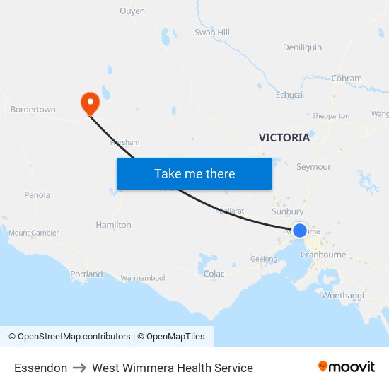 Essendon to West Wimmera Health Service map