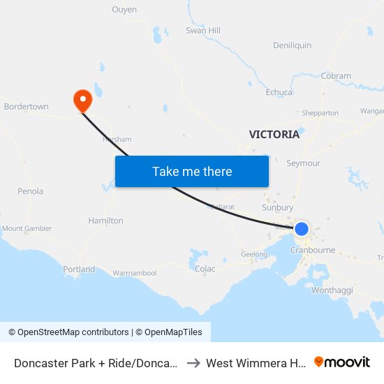 Doncaster Park + Ride/Doncaster Rd (Doncaster) to West Wimmera Health Service map