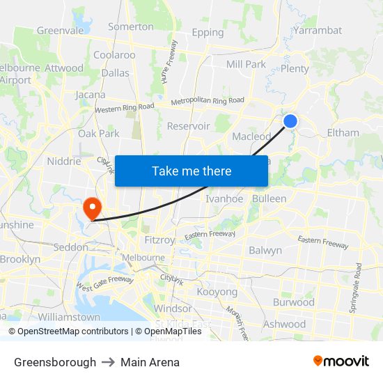 Greensborough to Main Arena map