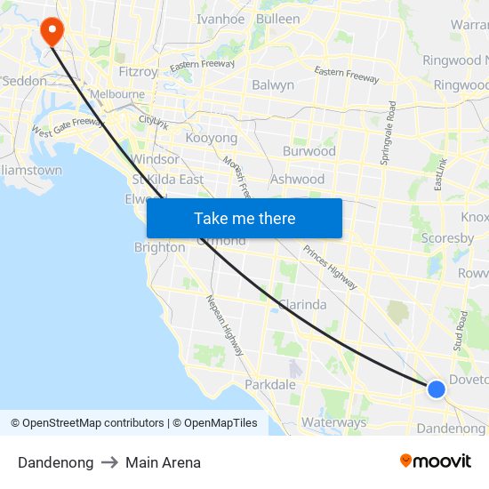 Dandenong to Main Arena map