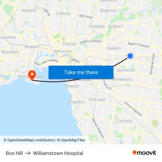 Box Hill to Williamstown Hospital map