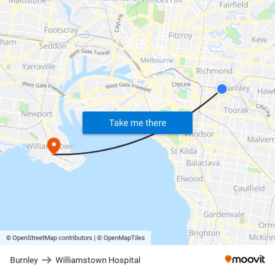 Burnley to Williamstown Hospital map