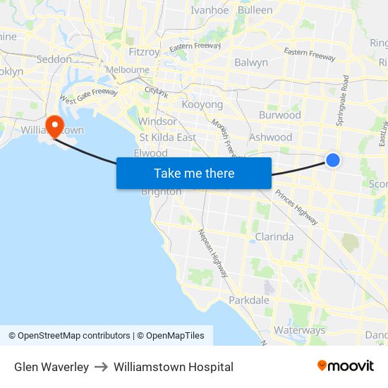 Glen Waverley to Williamstown Hospital map