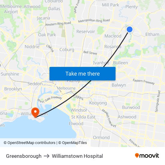 Greensborough to Williamstown Hospital map