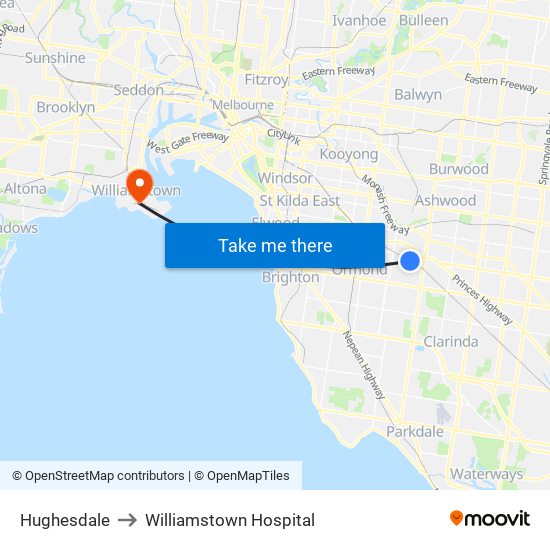 Hughesdale to Williamstown Hospital map