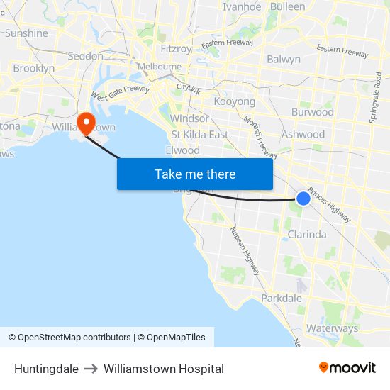 Huntingdale to Williamstown Hospital map