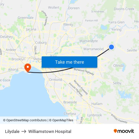 Lilydale to Williamstown Hospital map