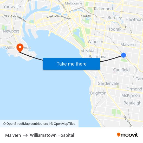 Malvern to Williamstown Hospital map