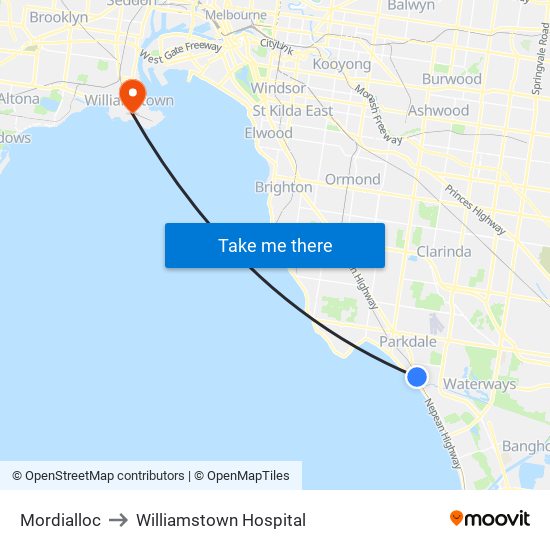 Mordialloc to Williamstown Hospital map