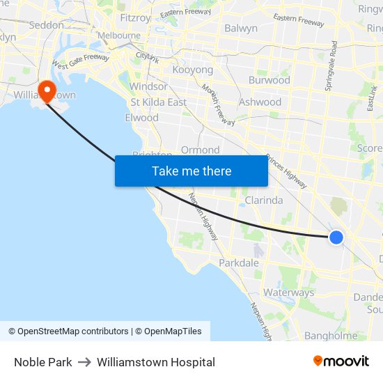 Noble Park to Williamstown Hospital map