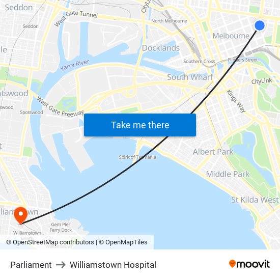Parliament to Williamstown Hospital map