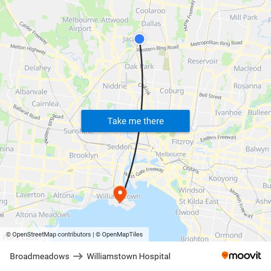 Broadmeadows to Williamstown Hospital map