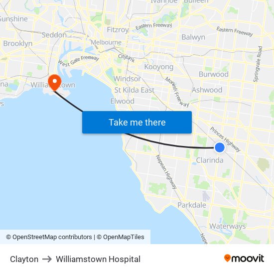 Clayton to Williamstown Hospital map