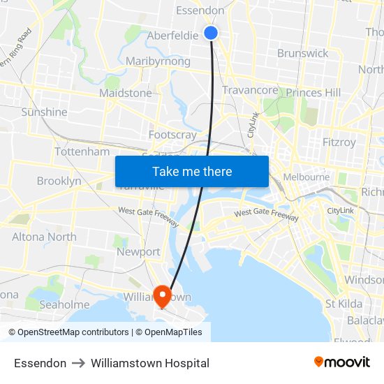 Essendon to Williamstown Hospital map