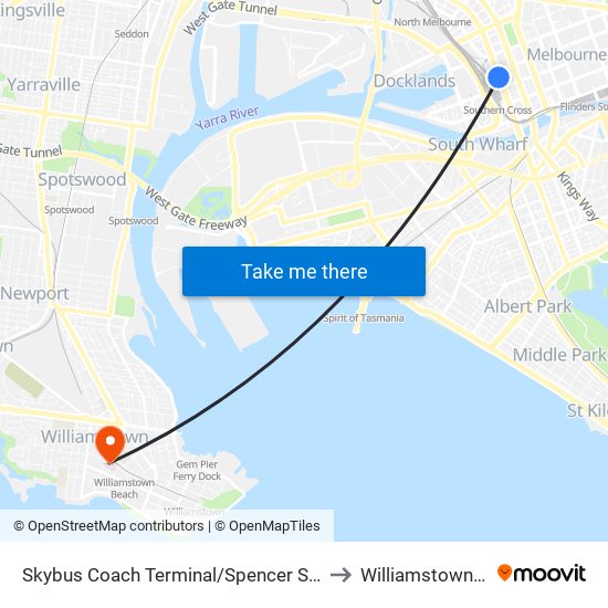 Skybus Coach Terminal/Spencer St (Melbourne City) to Williamstown Hospital map