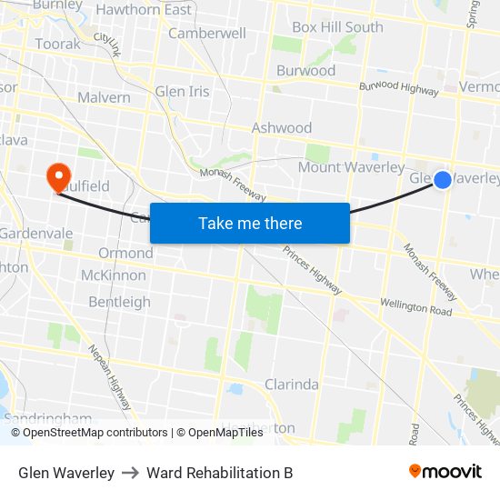 Glen Waverley to Ward Rehabilitation B map