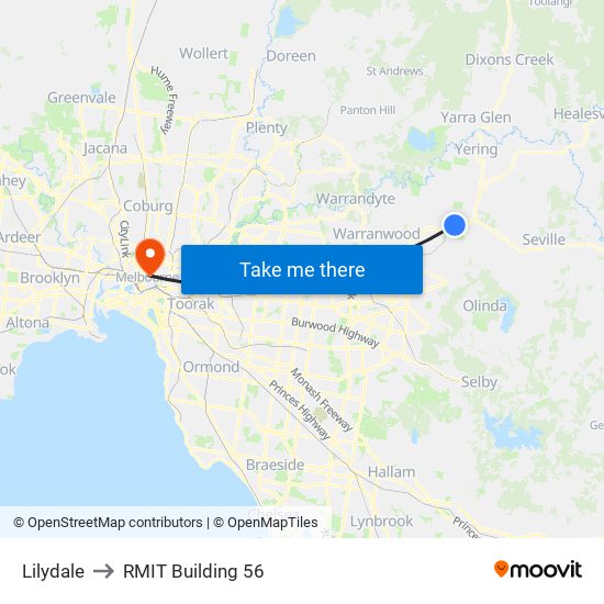 Lilydale to RMIT Building 56 map