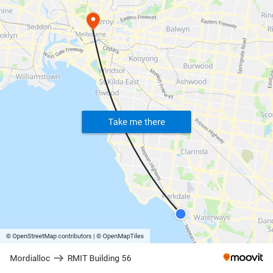 Mordialloc to RMIT Building 56 map