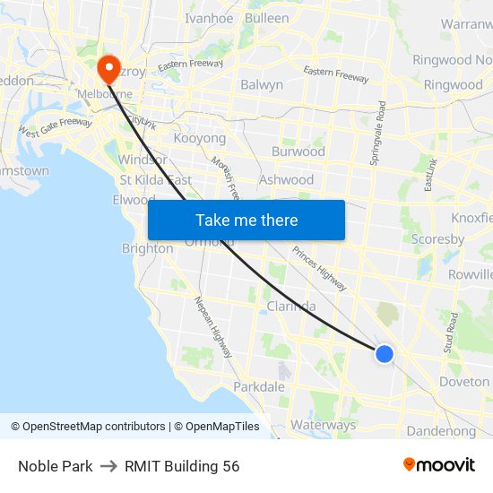 Noble Park to RMIT Building 56 map