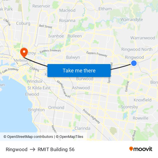 Ringwood to RMIT Building 56 map